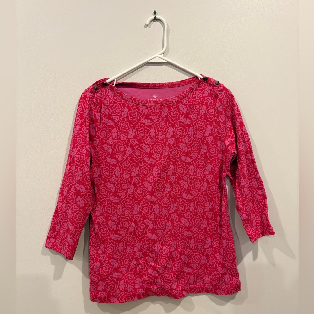 Lands End Pink Floral 3/4 Sleeve Boatneck Shirt Size M